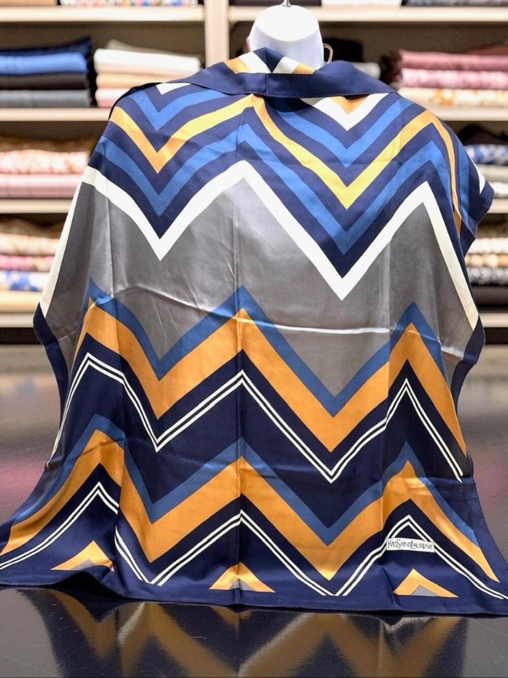 Yves Saint Laurent YSL  Silk Satin Scarf 34" Blue Beige Gold  Strioed (33